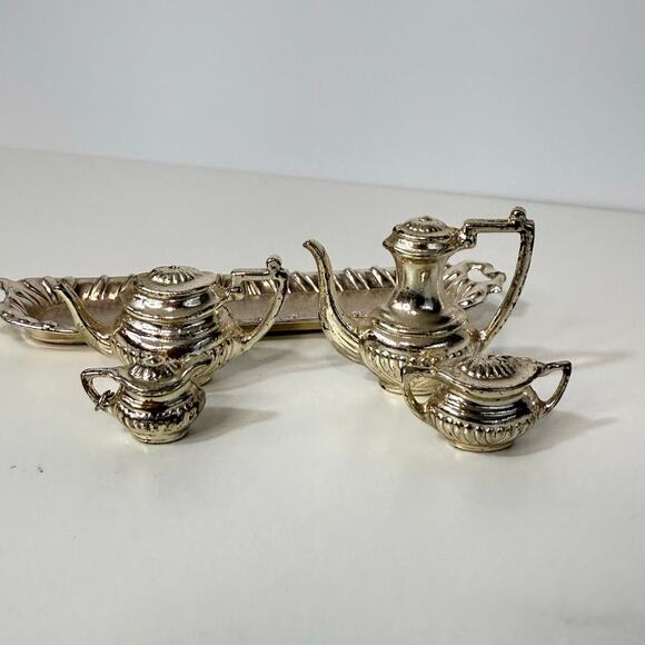 Vintage Miniature Dollhouse Silver Plated Tea Set 6-Piece w/ Tray 1990s #756165 - Picture 4 of 7